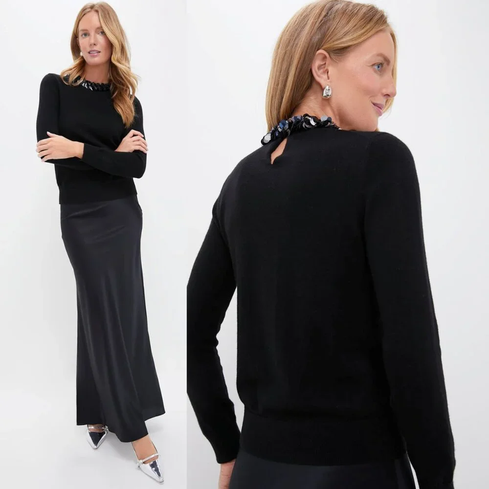 NWT Tuckernuck Black Sequin Trim Lina Sweater Crewneck Knit Top Size S - Picture 3 of 8